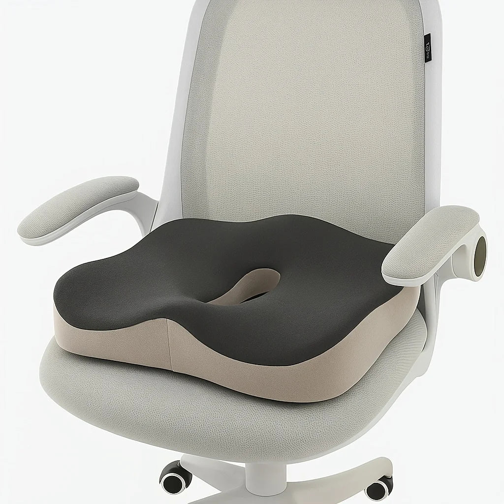 Memory Foam Seat Cushion with Center Groove – 3D Ergonomic Pressure Relief, Non-Slip Washable Cover for Office, Car & Home (Black/Grey)