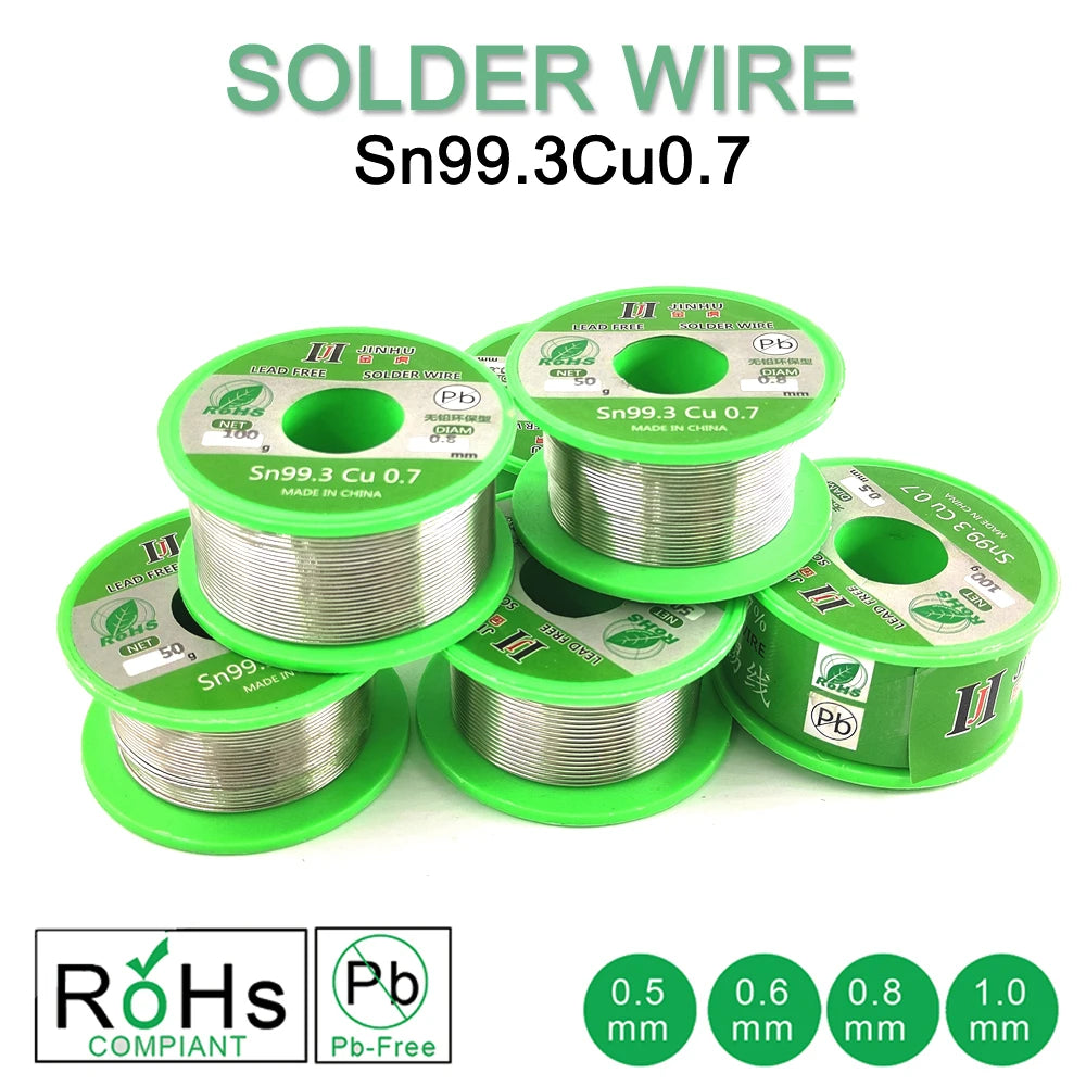 Lead-Free Solder Wire 99.7% Sn / 0.3% Cu — 2% Rosin Flux Core, Diameters 0.5/0.6/0.8/1.0mm, Reels 50g/100g/250g