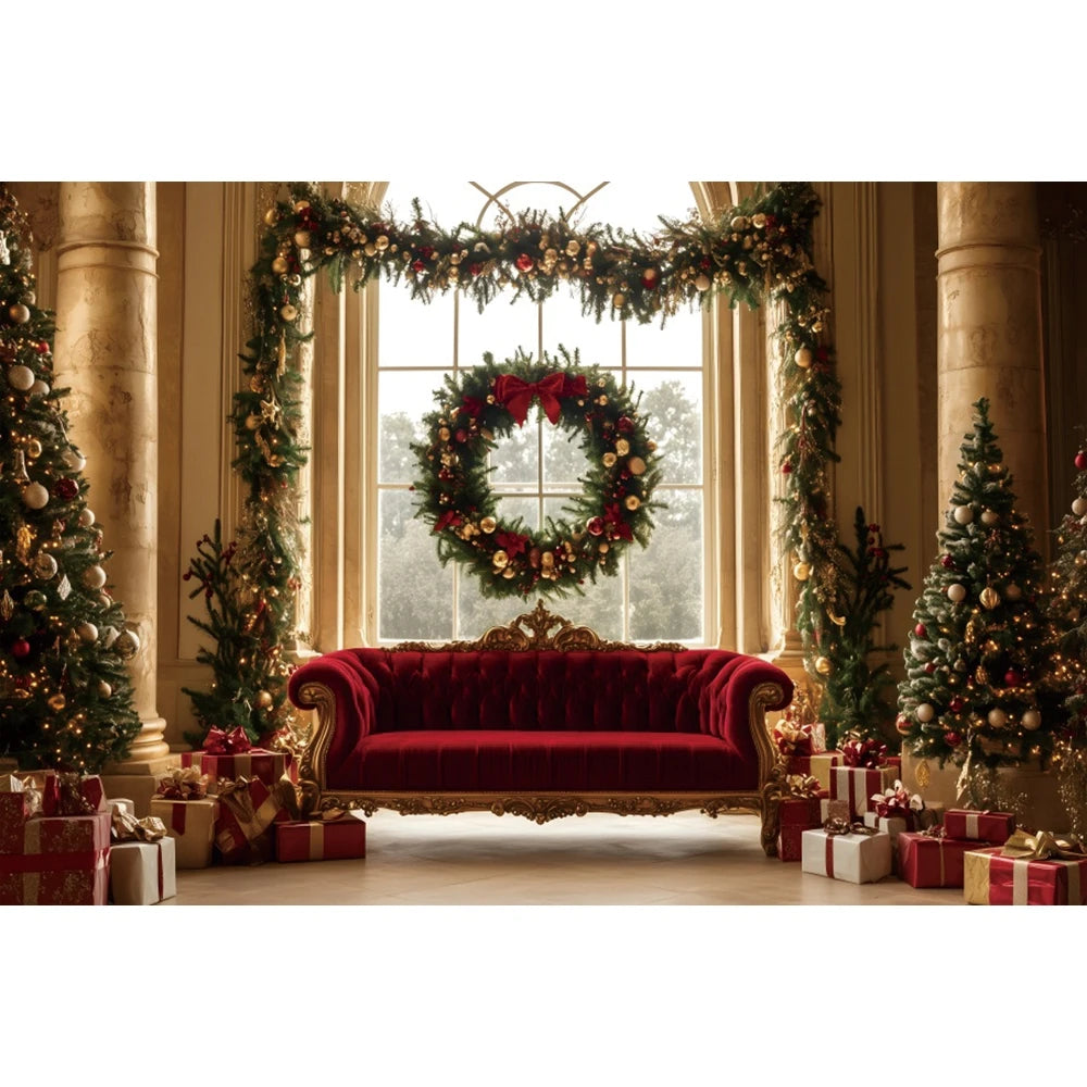 Christmas Photography Backdrop - Red Curtain & Window Scene with Snowy Bear and Gifts for Kids & Family Portraits