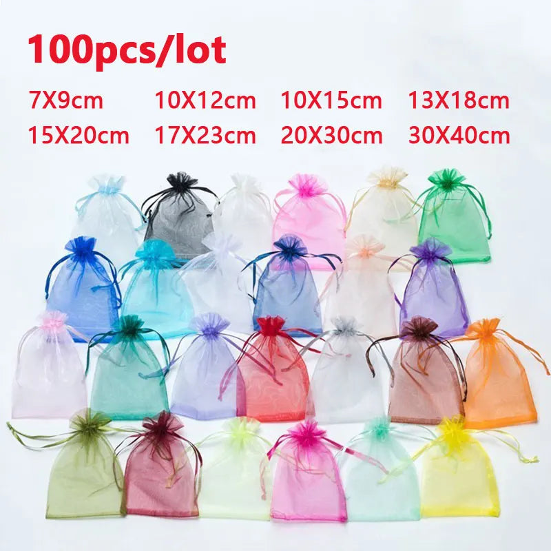 100-Pack Organza Drawstring Bags Assorted Sizes (7x9, 9x12, 10x15, 13x18 cm / 2.8x3.5, 3.5x4.7, 3.9x5.9, 5.1x7.1 in) - Jewelry & Gift Pouches for Wedding Party