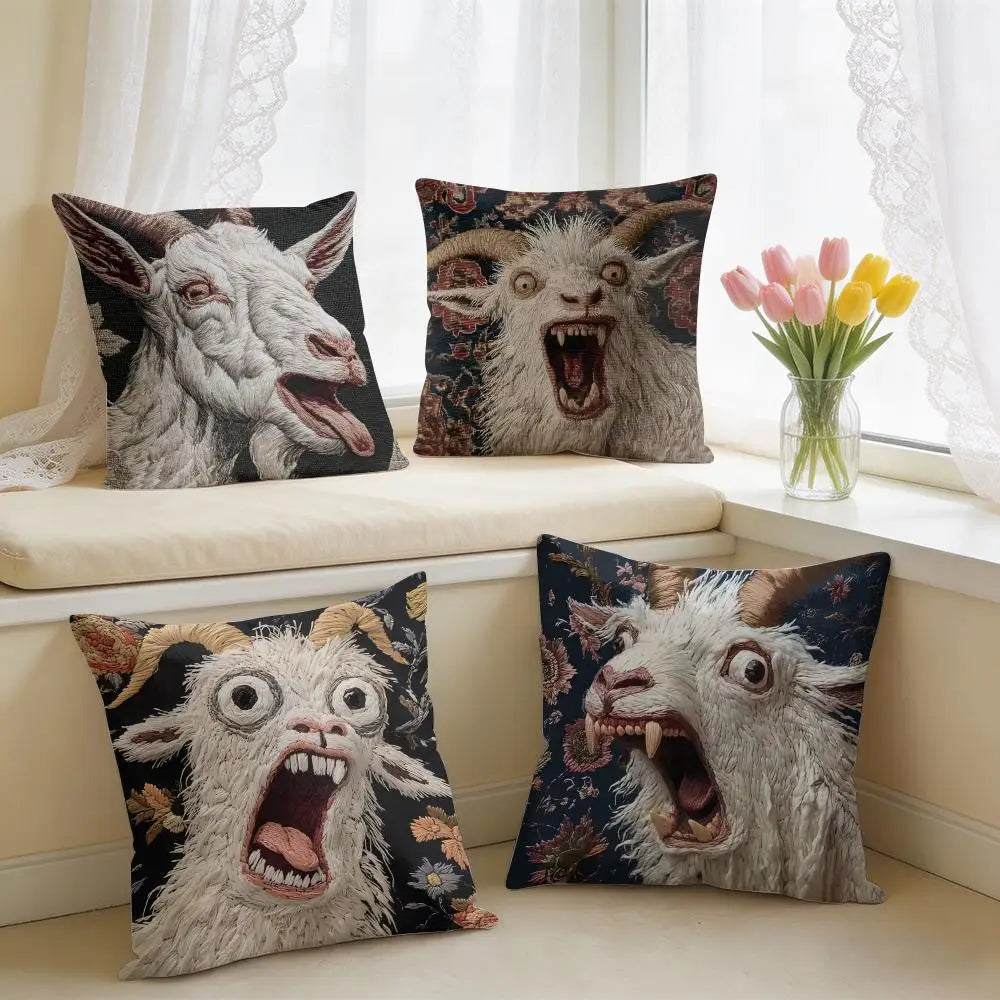 Spooky Goat Face 2D Short Plush Square Cushion Cover 16x16 in (40x40 cm) Sofa Throw Pillow Case