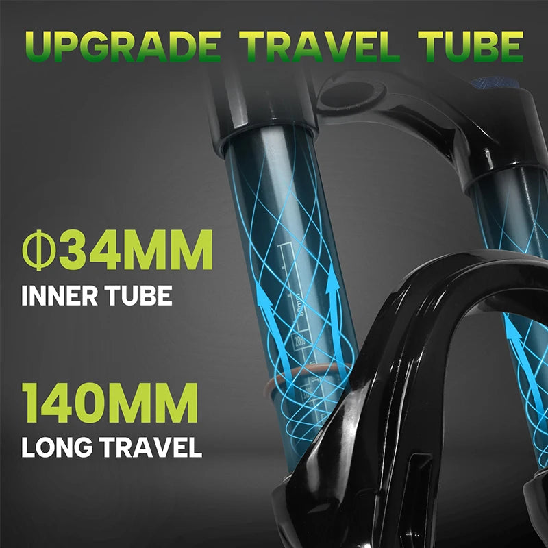 MTB Air Suspension Fork 140mm Travel (5.5in) - 26/27.5/29-inch Wheels - 9x100mm QR Axle - 34mm Stanchion, 28.6mm Steerer