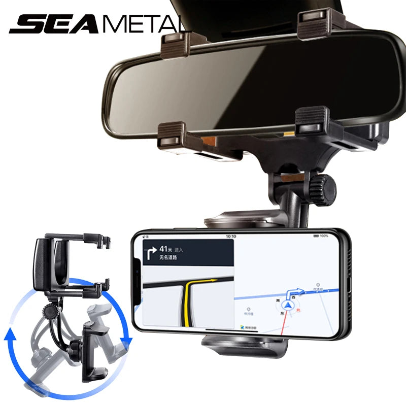 Rearview Mirror Phone Holder – 360° Rotating Universal Car Phone Mount, Stable Grip for Smartphone Navigation