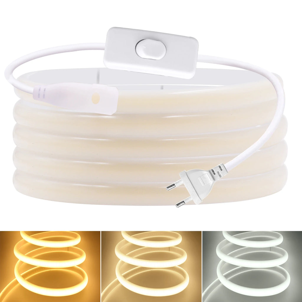 COB LED Strip Light 220-240V EU Dimmer Plug IP67 Waterproof Tape, 3000K/4000K/6000K, 288 LEDs/m