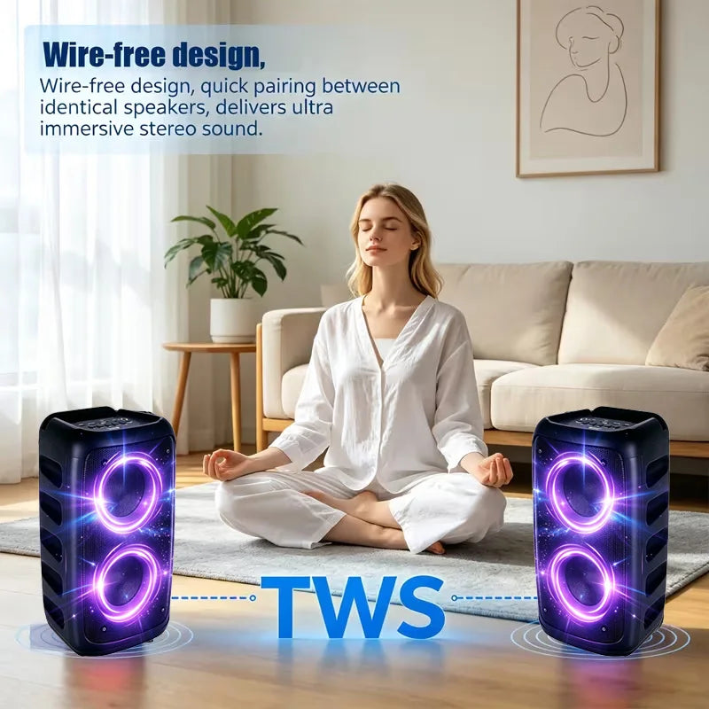 Portable Bluetooth Boombox Speaker – Dual Drivers, TWS Stereo, RGB Party Lights, USB TF Card & FM Radio