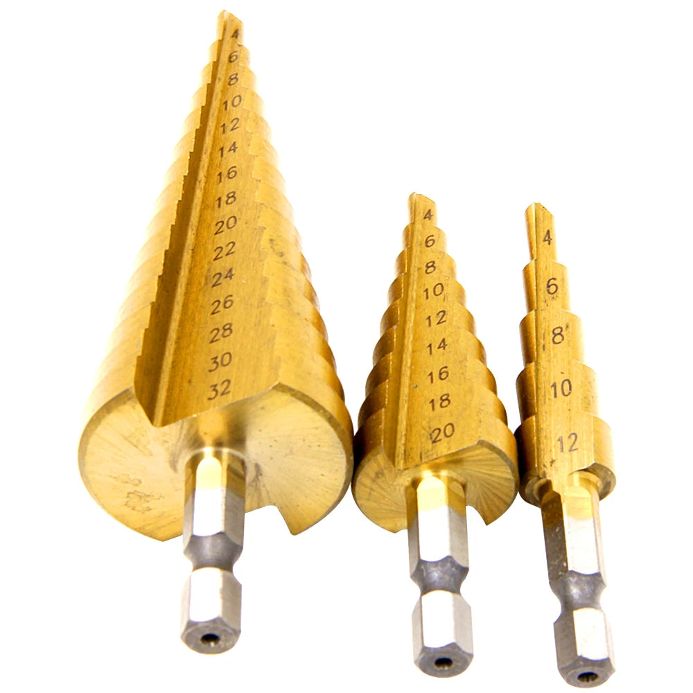 Titanium Plated Step Drill Bit Set Hex Shank Straight Groove — 3–32mm (0.12–1.26 in)