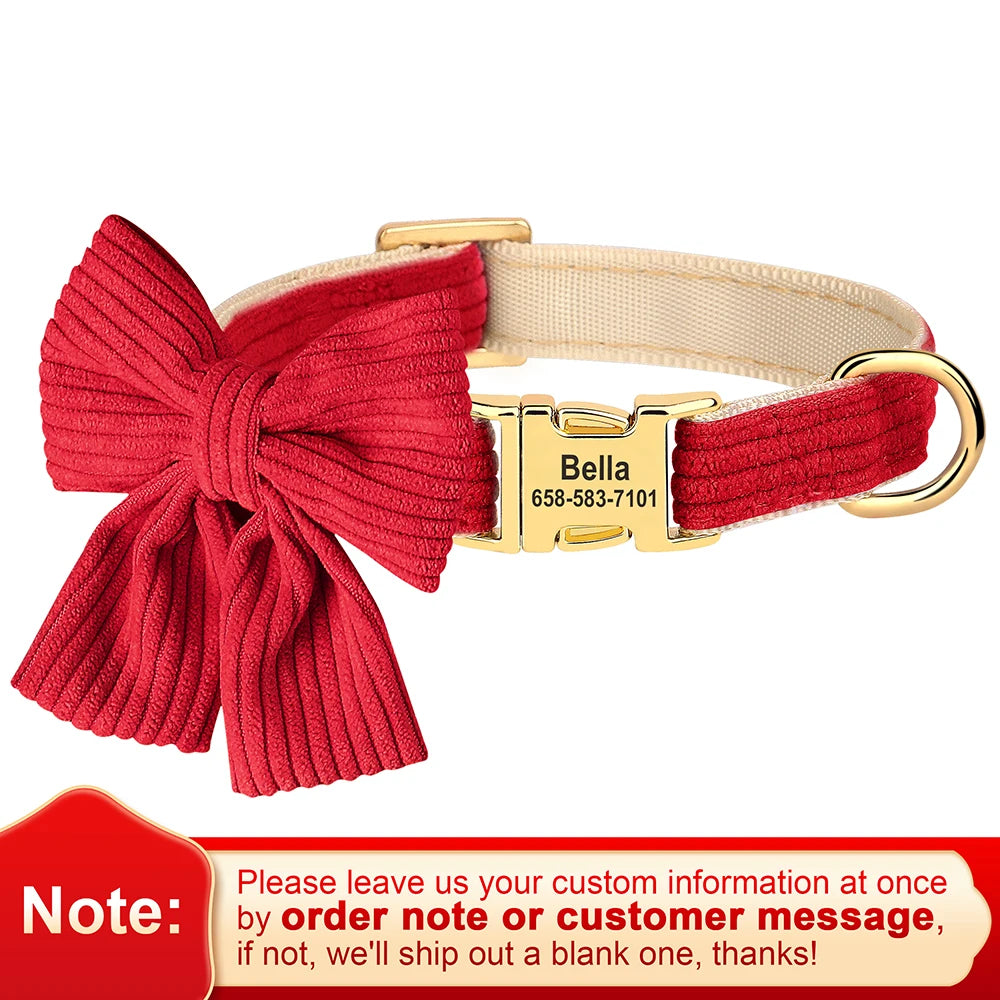 Personalized Dog Collar with Large Bow Tie - Adjustable ID Collar with Free Engraving for Small, Medium, Large Dogs and Cats