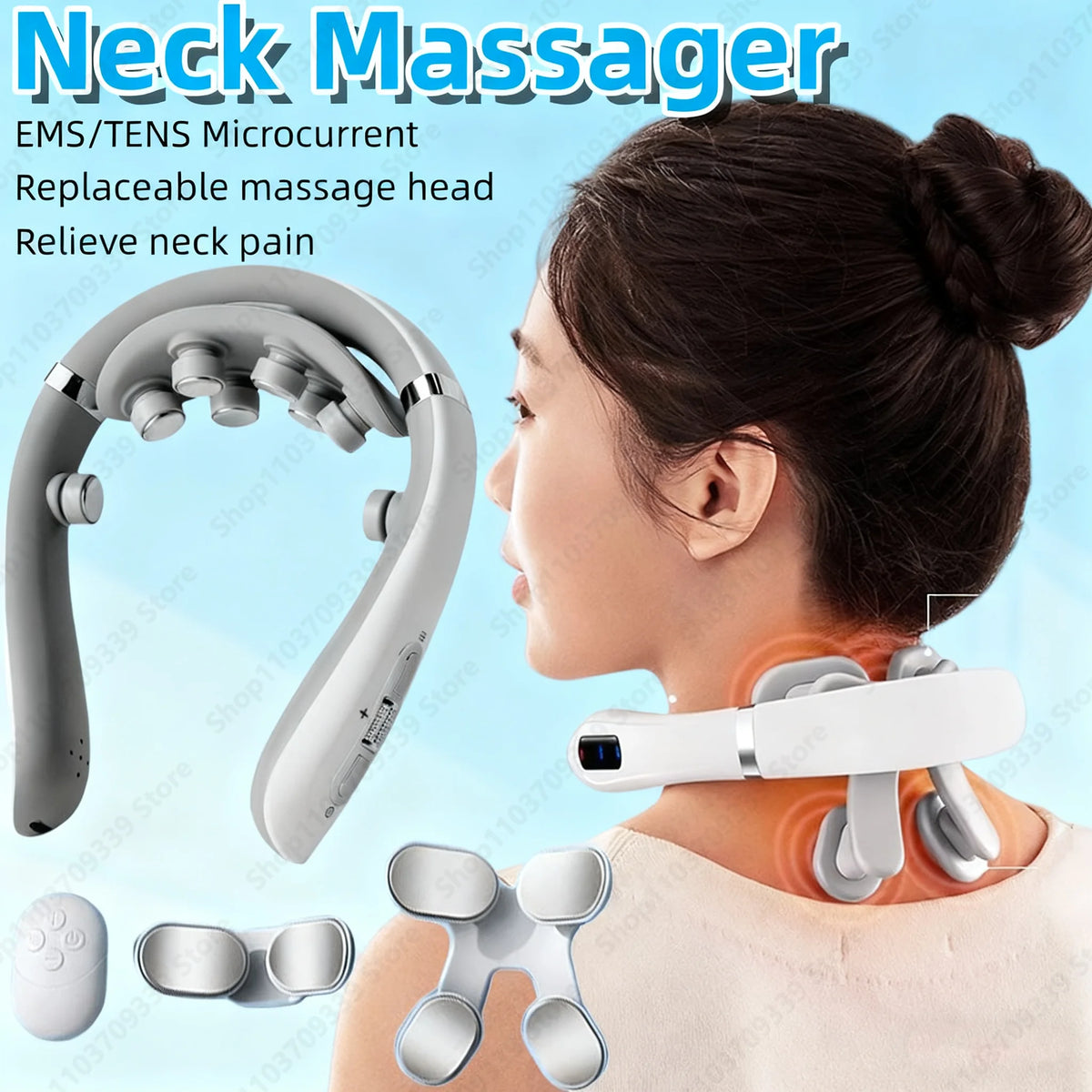 Wireless Neck Massager with Microcurrent — Multi-Head Replaceable Shiatsu Kneading, Heat & Vibration for Cervical & Shoulder Relief