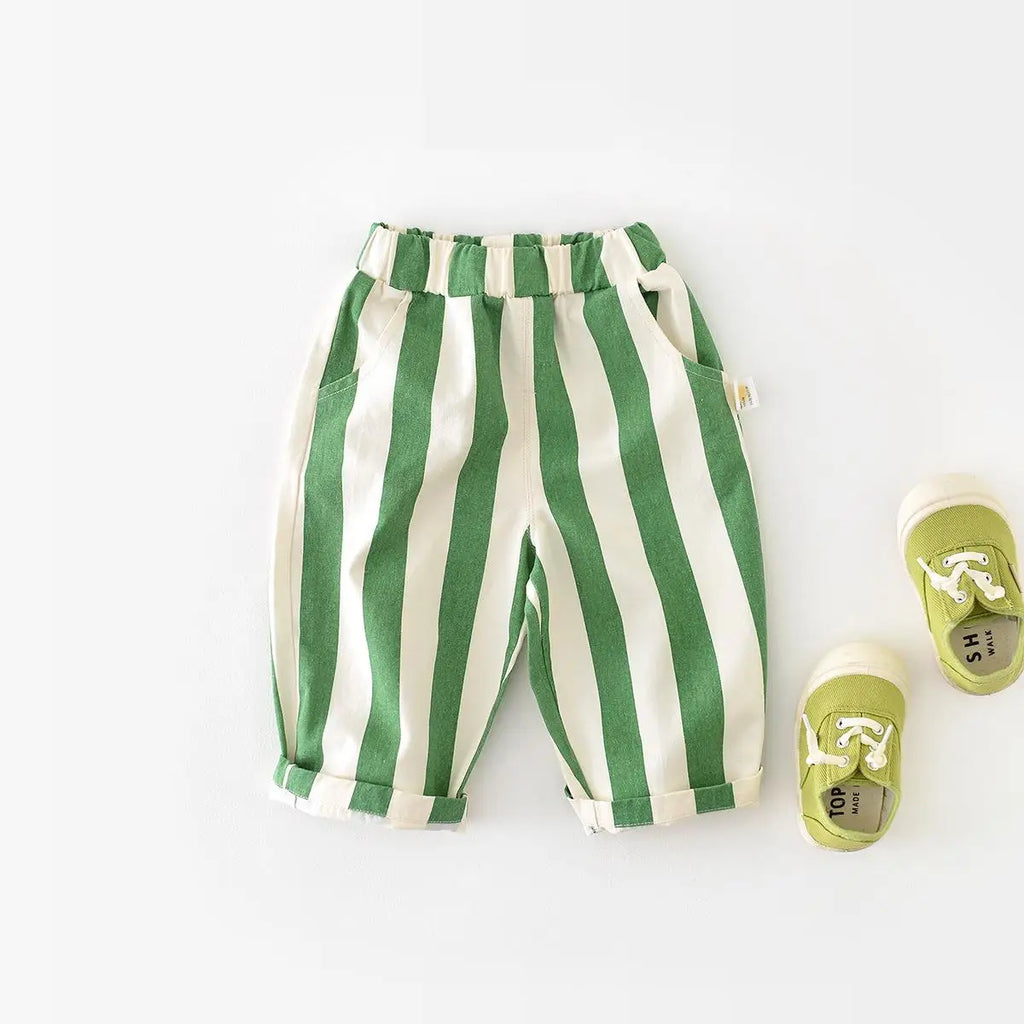 Unisex Toddler Striped Cotton Pants with Pockets – Elastic Waist Casual Kids Trousers