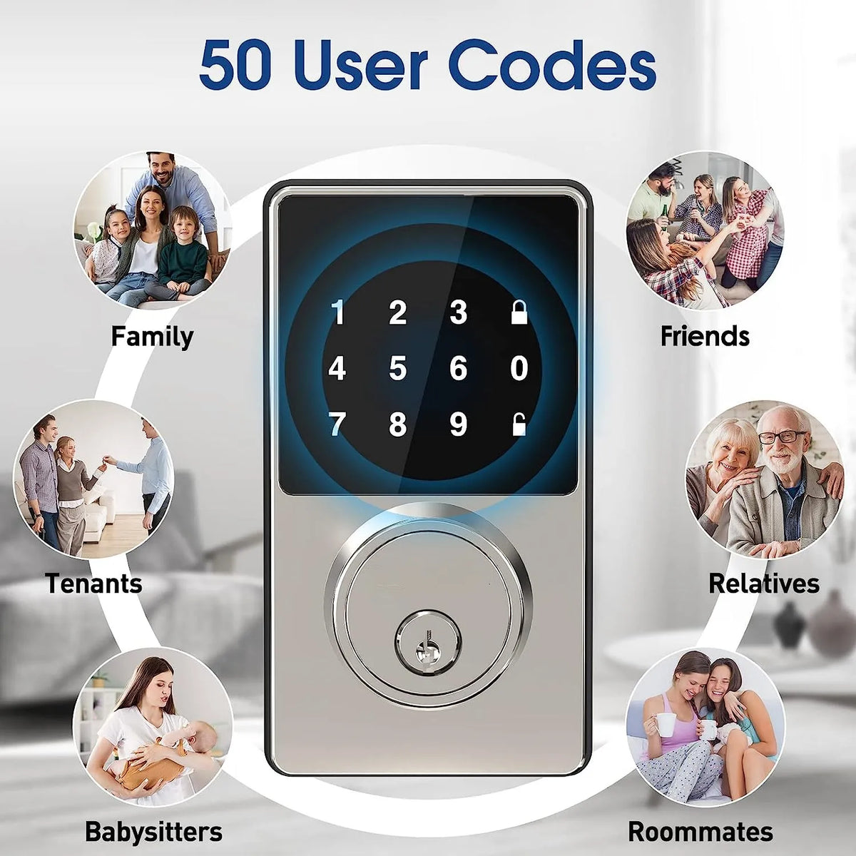 Smart Touchscreen Deadbolt Lock – Keyless Entry, 50 User Codes, Auto-Lock, IP66 Waterproof, Fits 1.4–2.0 in (35–50 mm) Doors, Easy DIY Install