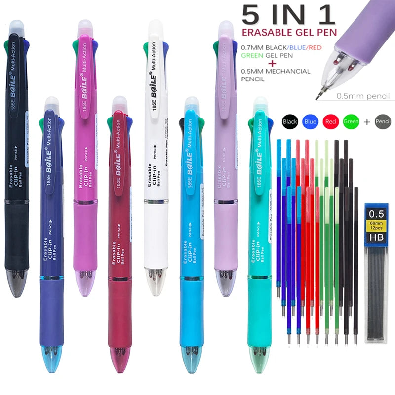 5-in-1 Erasable Multicolor Gel Pen — 4 x 0.7mm Refillable Ballpoint + 0.5mm Mechanical Pencil