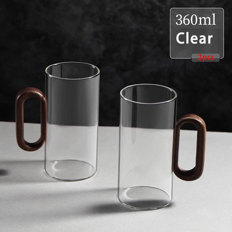 2/4/6-Pack Borosilicate Glass Mugs with Walnut Wooden Handle, 360 ml (12.2 fl oz) Heat-Resistant Teacup Set for Coffee, Milk & Juice