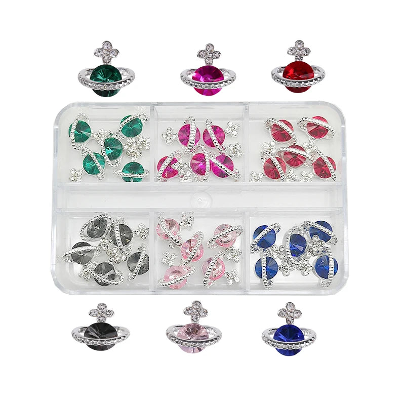 6-Grid Nail Rhinestone Kit – Saturn, Planet & Cross Crystal Nail Charms for Nail Art