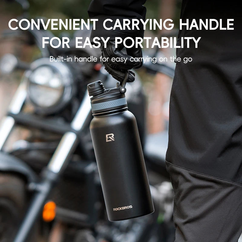 Insulated Stainless Steel Cycling Water Bottle — Vacuum Thermos 550/650/1000/1200ml (18.6/22/33.8/40.6oz) with Carry Handle