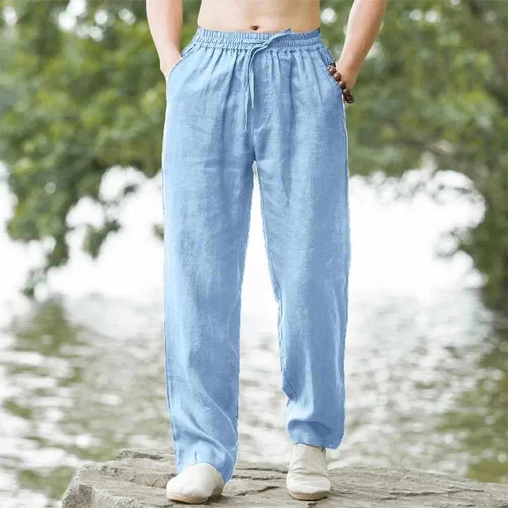 Men's Summer Cotton-Linen Oversized Wide Leg Pants Elastic Waist Casual Ankle-Length