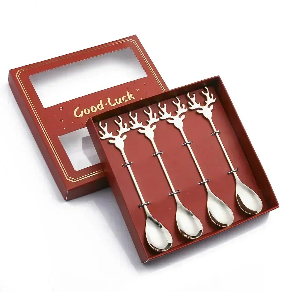 4-Piece Stainless Steel Christmas Cutlery Set – Spoon & Fork Holiday Table Decor with Elk & Tree Ornaments