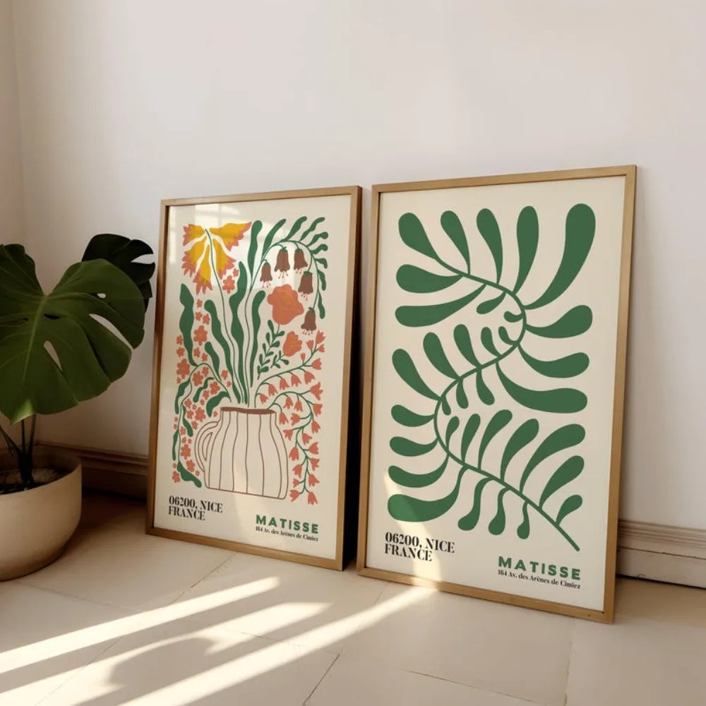 2-Piece Frameless Matisse Floral Canvas Prints - Bohemian Mid-Century Modern Wall Art for Bedroom & Living Room