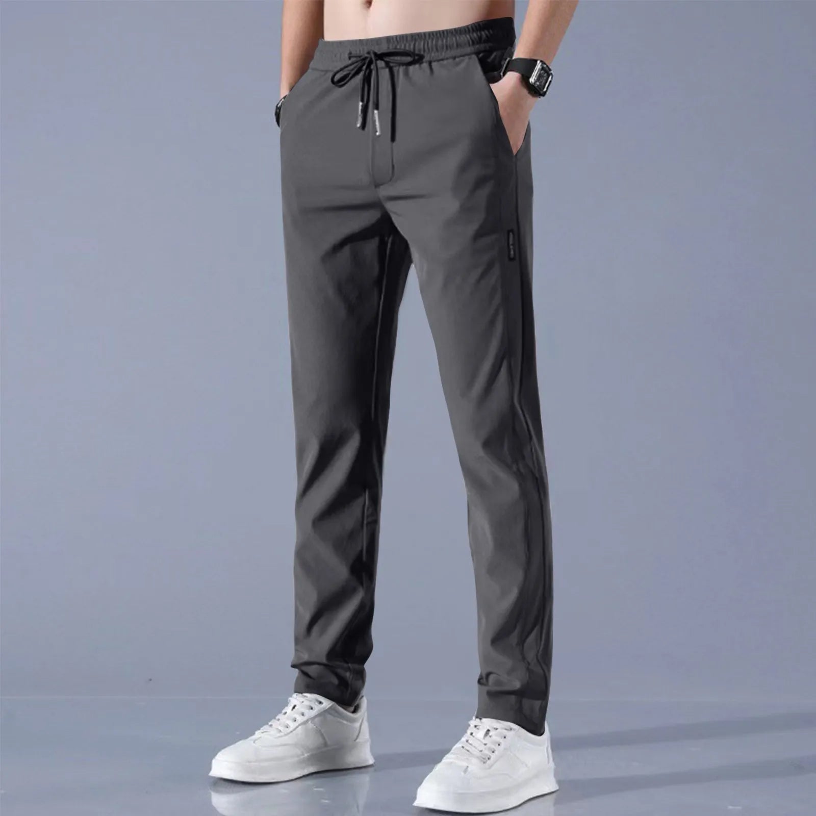 Men's Fast-Dry Stretch Ice Silk Pants - Mid-Waist Breathable Straight-Leg Casual Sports Trousers