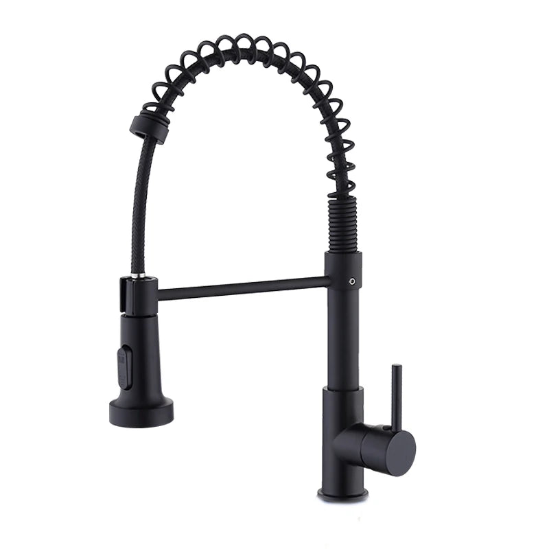 Pull-Down Spring Kitchen Faucet — Matte Black Brushed Stainless, 360° Swivel, Hot & Cold Mixer, Single-Handle Pull-Out