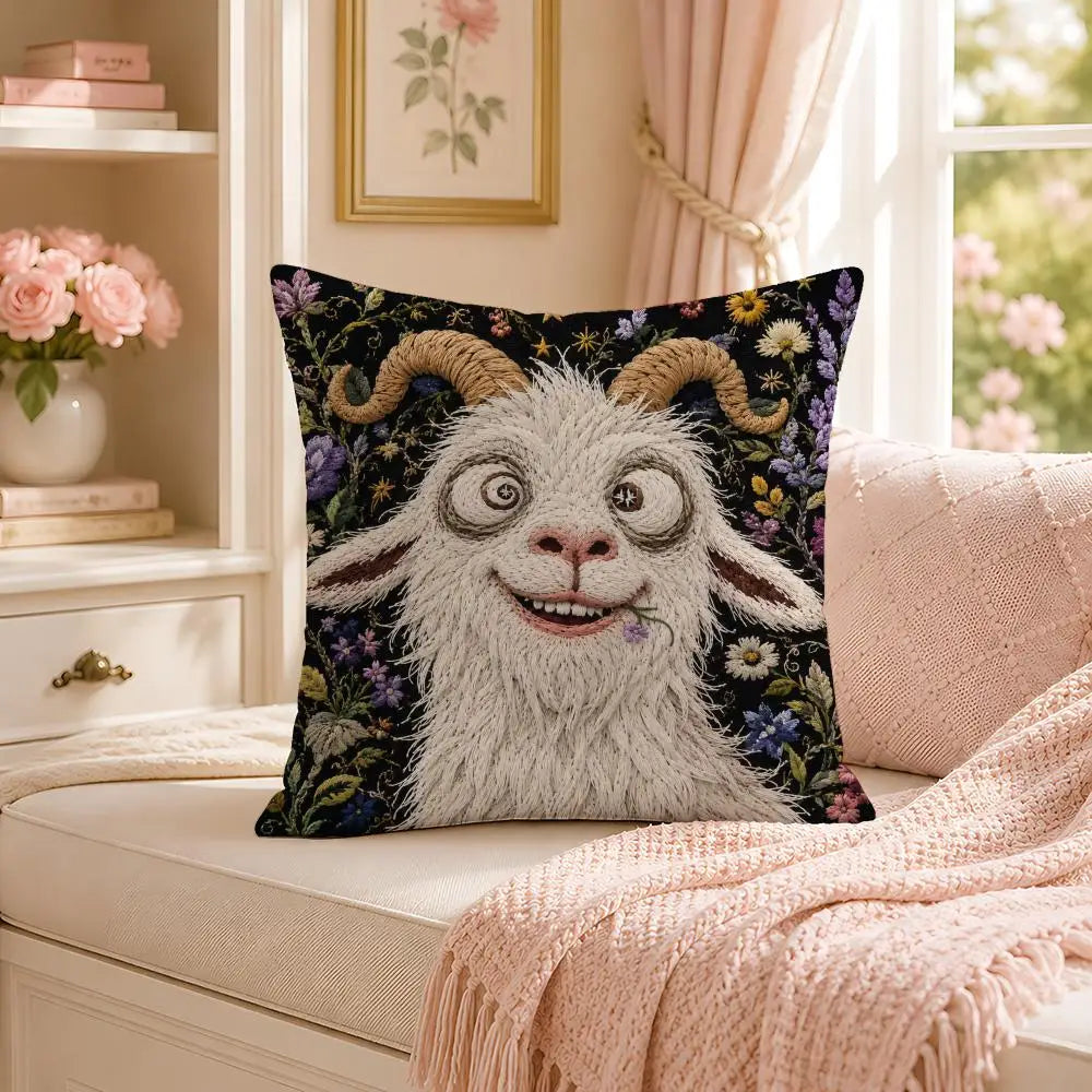 Funny Screaming Goat Plush Pillow Cover — Short Plush Cushion Case, Breathable & Washable with Invisible Zipper