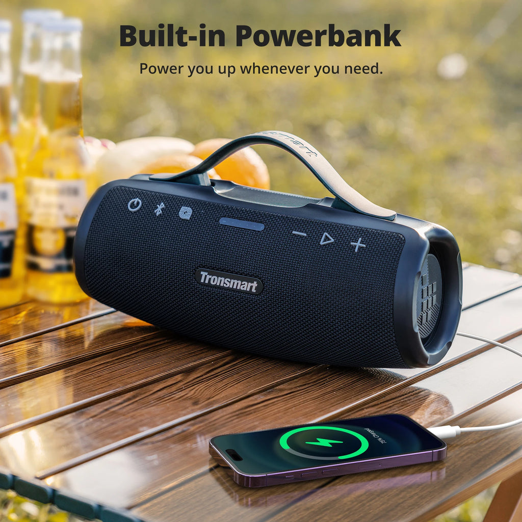50W Portable Bluetooth Speaker IPX7 Waterproof with Retractable Handle and Built-in Power Bank