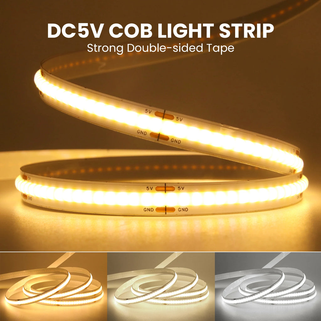 5V COB LED Strip Light with 3xAA Battery Box, 8mm 320 LEDs/m, 0.5–5m, Warm/Natural/Cool White, Adhesive Backing