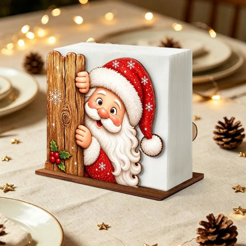 Santa Claus Wooden Napkin Holder - Holiday Tabletop Napkin & Tissue Holder, Christmas Dining Decor