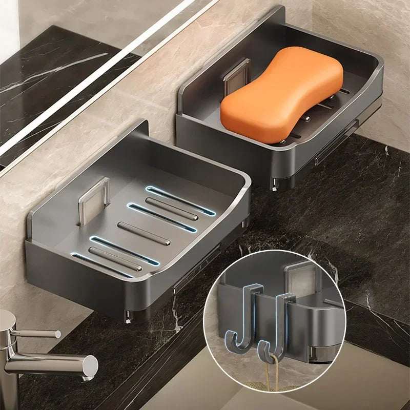 Wall-Mounted Free-Punch Soap & Sponge Holder, Double-Drain Plastic Soap Dish (11.3×8.3×4.1 cm | 4.45×3.27×1.61 in)