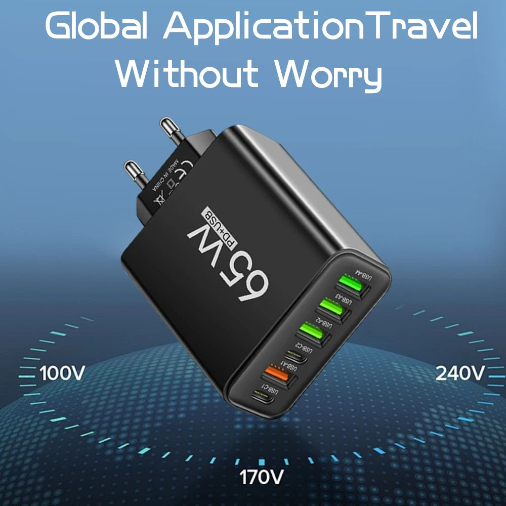 65W 6-Port USB Charger (2x USB-C + 4x USB-A) QC3.0 Fast Charge Travel Wall Adapter for Smartphones