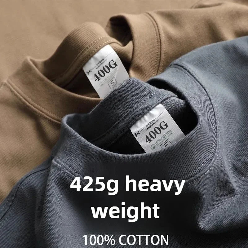Men's Heavyweight Cotton T-Shirt 425g Breathable Half Sleeve Round Neck Basic Summer Tee