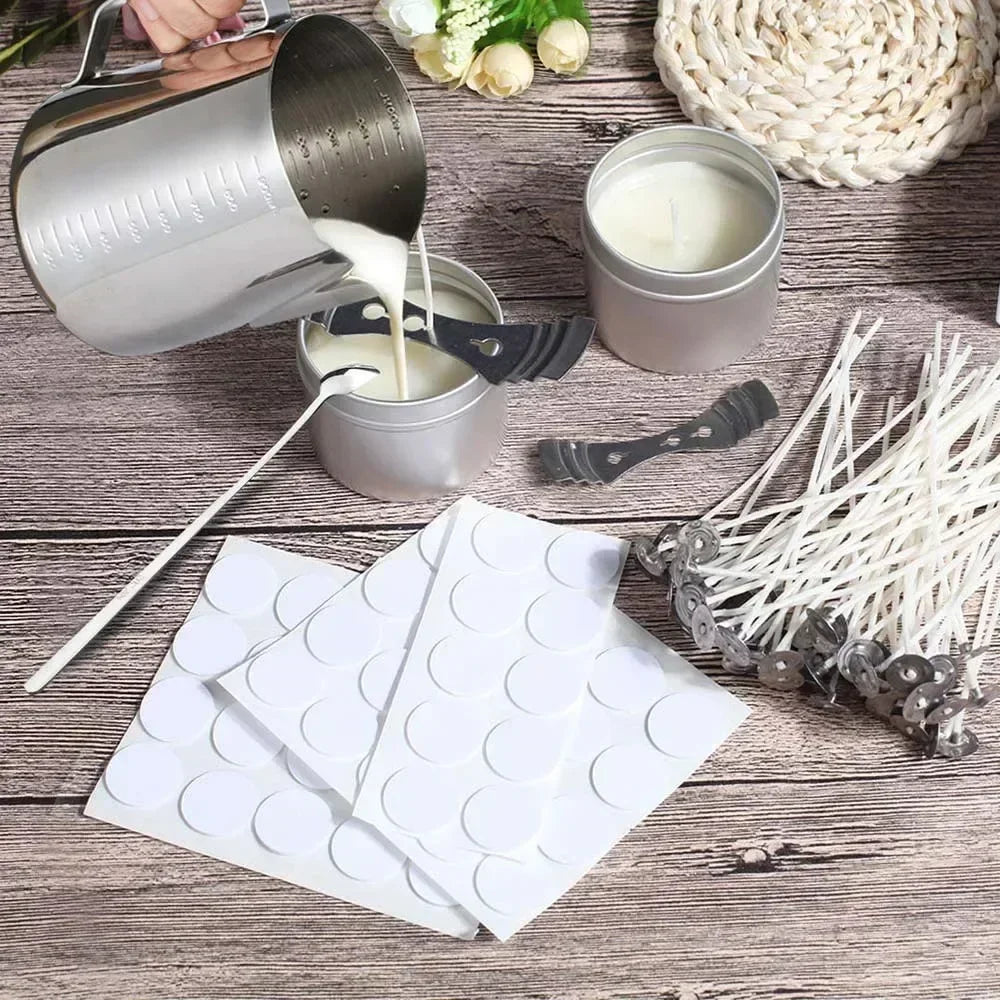 Pre-Waxed Cotton Candle Wicks 100-Pack (2.6–20 cm / 1.0–7.9 in) with Metal Bases, Adhesive Stickers & Holders — DIY Candle Making Kit