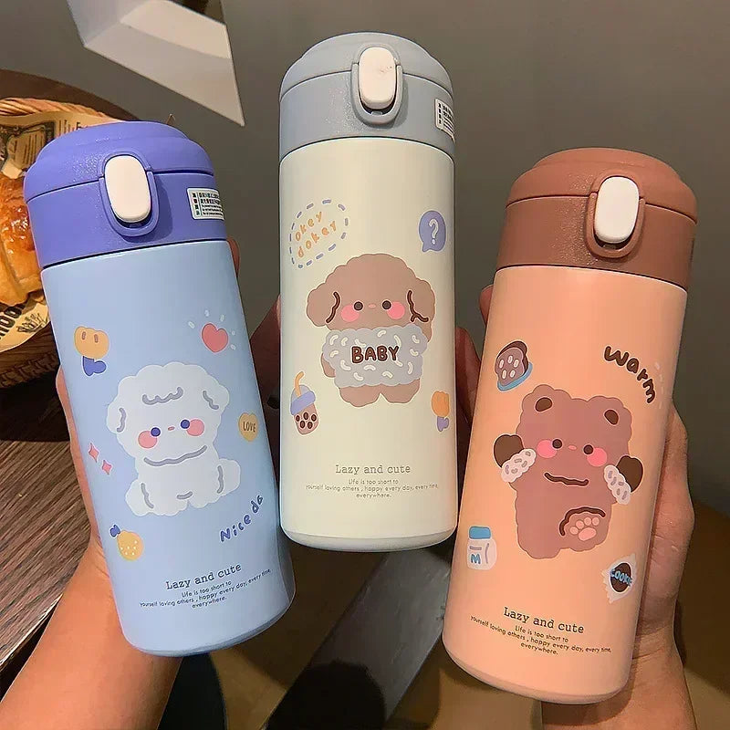 380ml (13 fl oz) Stainless Steel Insulated Thermos Bottle with Straw - Cute Cartoon Tumbler for Women