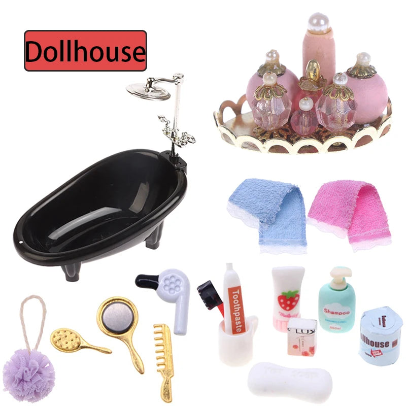 1:12 Scale Dollhouse Mini Bathroom Accessories – Hair Dryer, Mirror & Dressing Tools