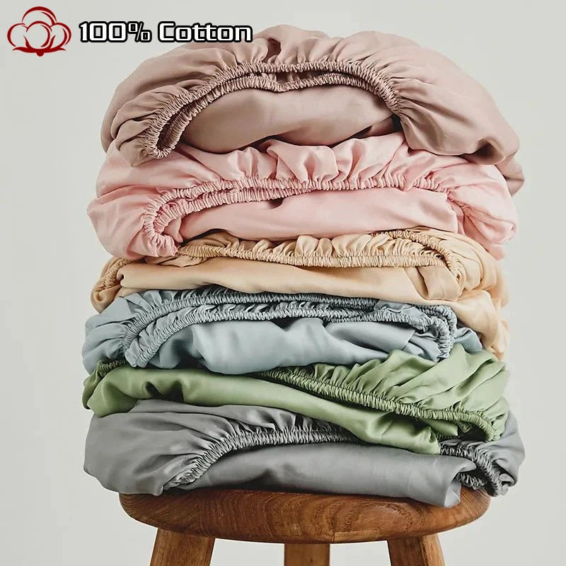 100% Cotton Fitted Sheet – Soft Breathable Deep Pocket Mattress Cover with Elastic Edge (Single, Double, Queen, King)