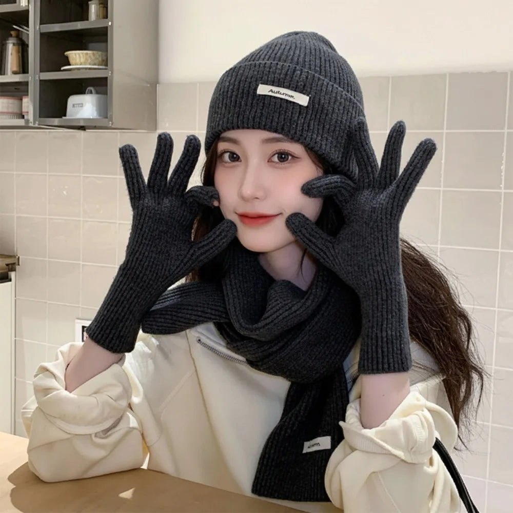 Women's 3-Piece Red Knit Cotton Hat, Scarf & Gloves Set — Thick Winter Beanie with Ear Protection, Warm Holiday Gift