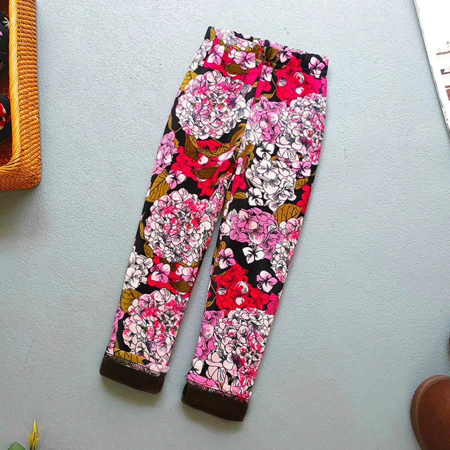 Girls Floral Fleece-Lined Leggings - Thick Warm Winter Pants for Toddlers and Kids (2-11 Years)