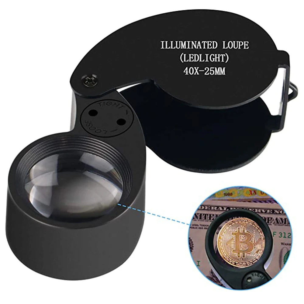 40X Jeweler's Loupe Pocket Folding Magnifier with LED Light for Watches, Coins, Stamps, Gems