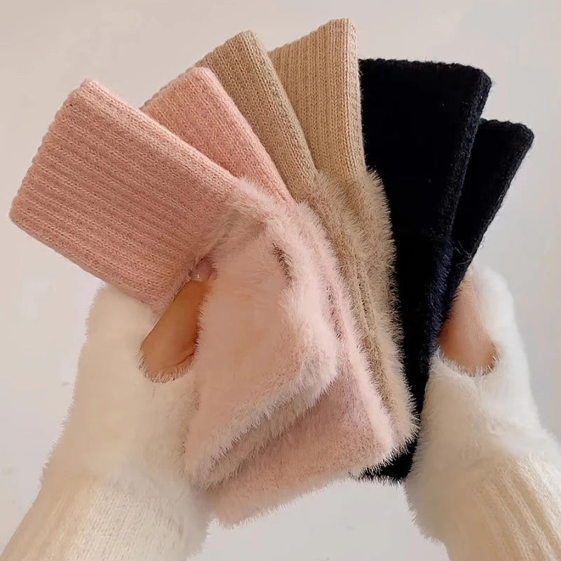 Faux Mink Fleece Fingerless Gloves for Women - Plush Knitted Half-Finger Wrist Mittens for Driving & Writing (One Size 16 x 9 cm / 6.3 x 3.5 in)