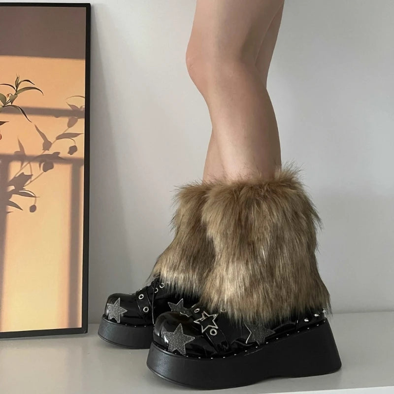 Faux Fur Leg Warmers Knee-High Boot Covers – Plush Y2K Goth Punk Warm Socks