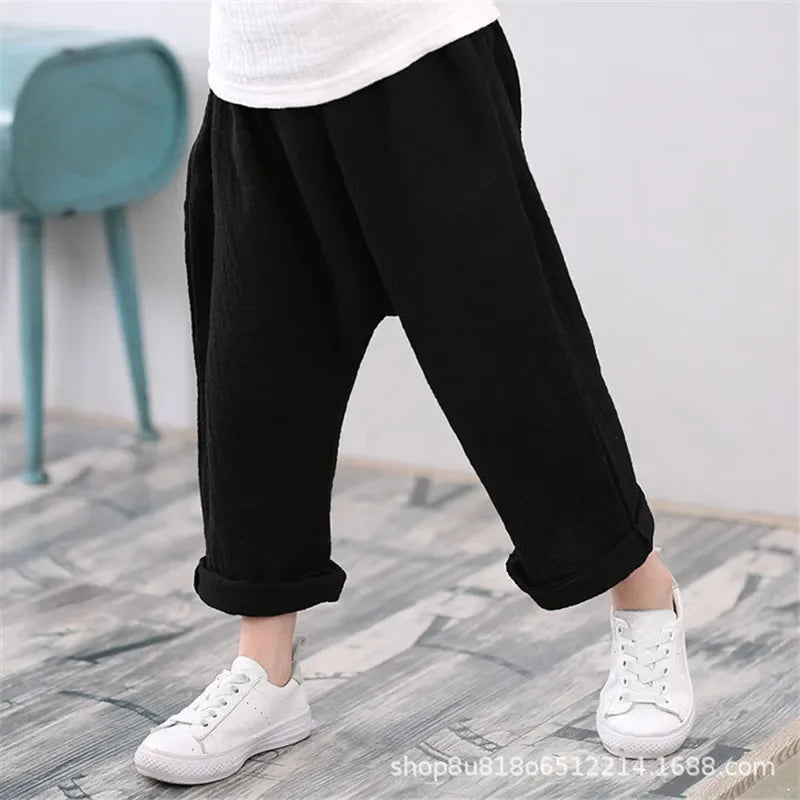 Kids Cotton Pleated Ankle-Length Pants – Toddler Boys Girls Casual Harem Trousers with Elastic Waist
