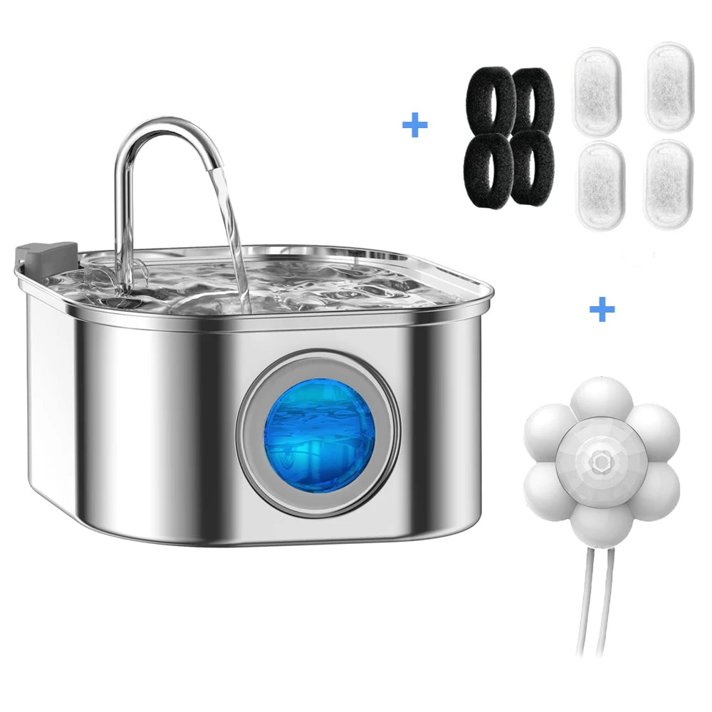 3.2L (3.4 qt / 108 fl oz) Stainless Steel Automatic Pet Water Fountain - Visual Window Cat & Dog Water Dispenser