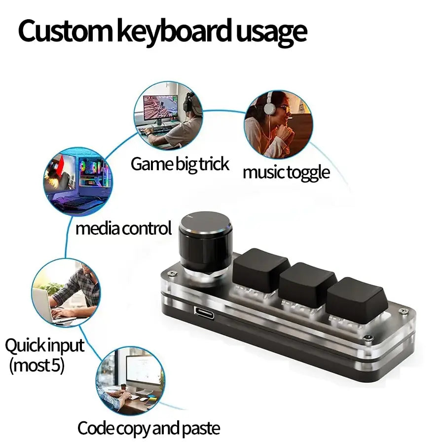 3-Key RGB Macro Pad — Mini Mechanical Keyboard with Programmable Knob, Hot-Swap Red Switches, USB-C, Custom Macros for Gaming & Photoshop