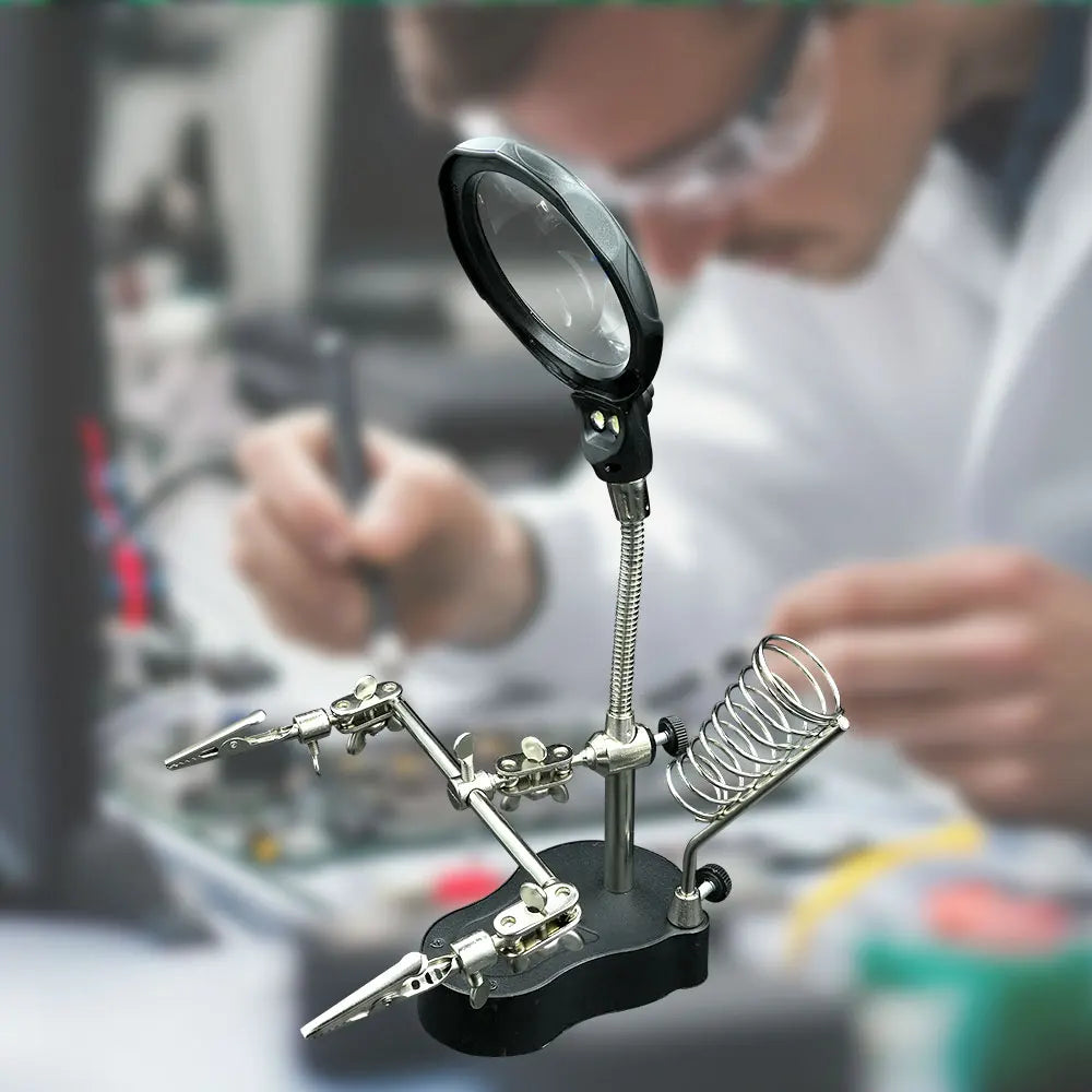 LED Clip Helping Hand Magnifier 3.5x/12x for Soldering, PCB Repair & Soldering Iron Stand