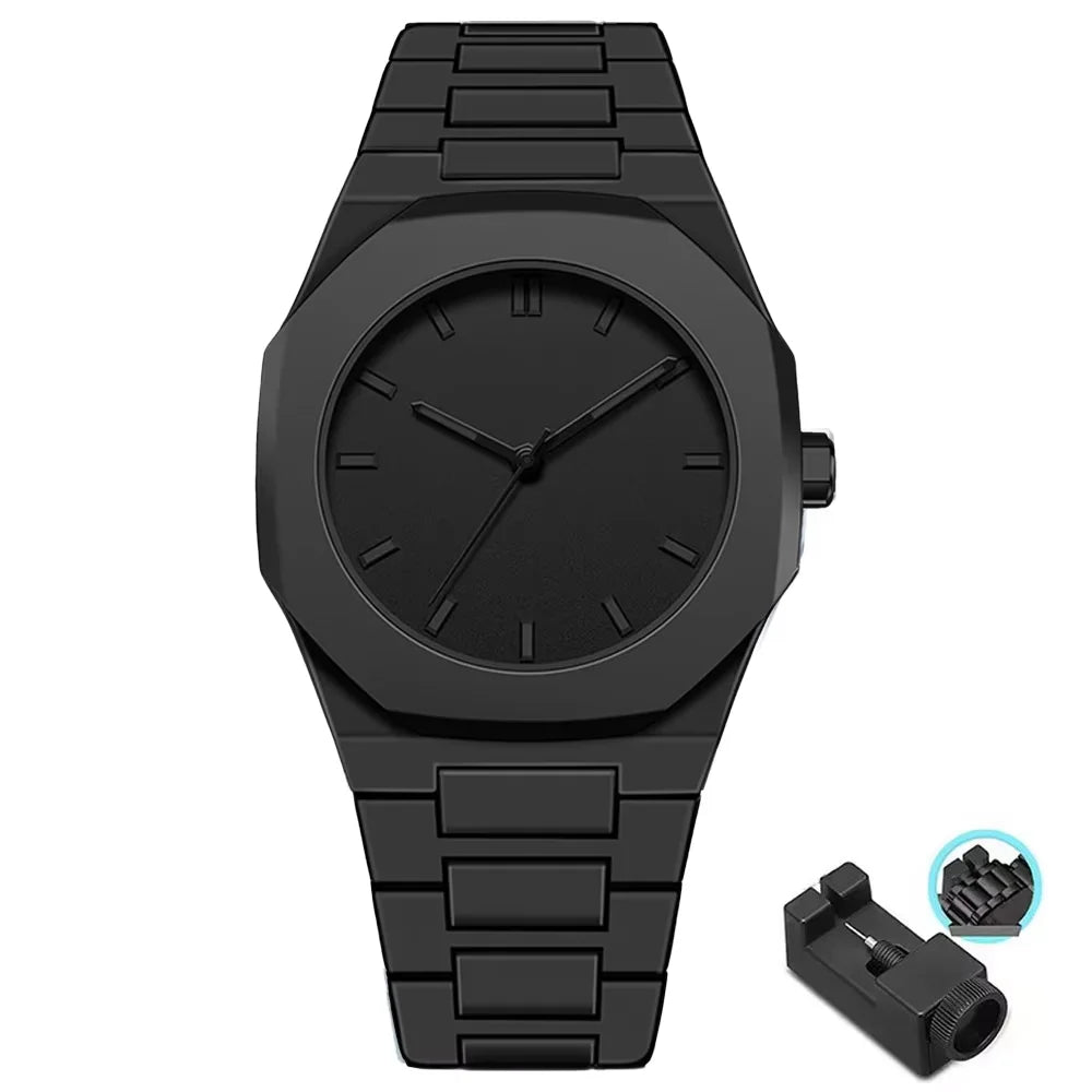 Men's Minimalist Black 38mm Quartz Watch, Large Dial with Polycarbonate Strap & Butterfly Clasp, 3ATM Water-Resistant