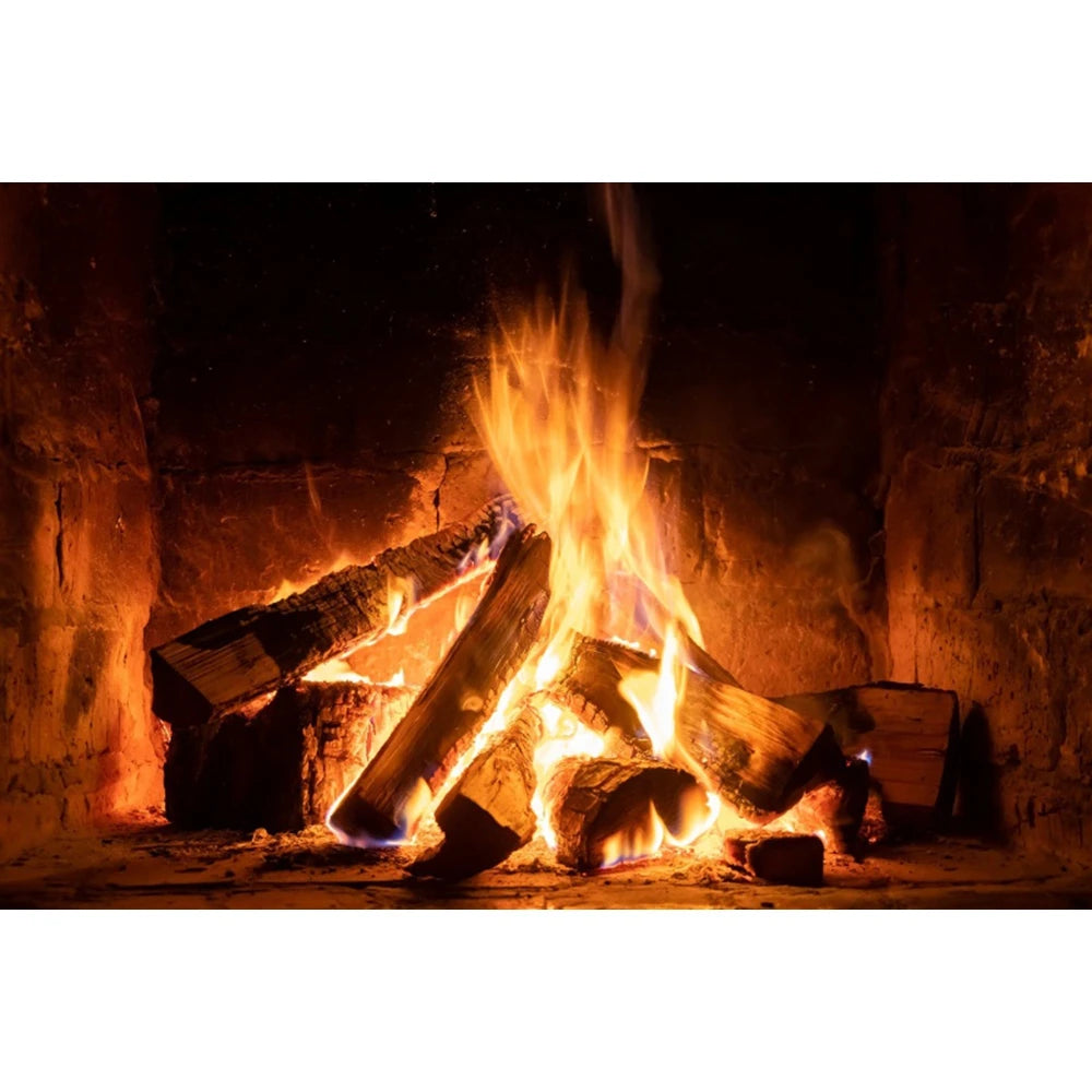 Christmas Fireplace Photography Backdrop - Burning Firewood Flame Brick Wall Photo Studio Background