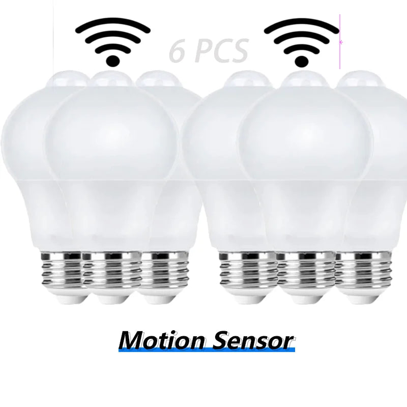 6-Pack Motion Sensor LED Bulbs E27 (6W/9W/12W/15W/18W/20W) 121–240V Radar Dusk-to-Dawn Energy-Saving