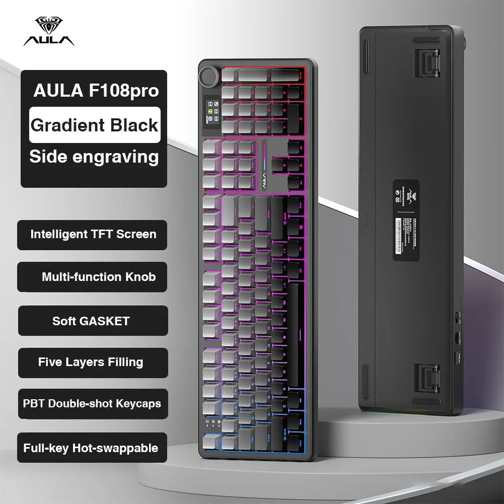 108-Key Wireless Bluetooth Gaming Keyboard Full-Size — Gasket-Mount Hot-Swappable with TFT Smart Display, RGB, Macro Knob, 8000mAh Battery