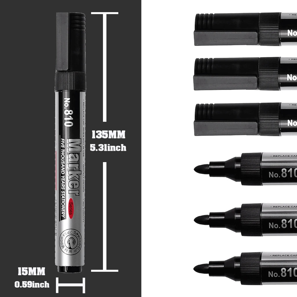 Permanent Oil-Based Marker 2.0mm (0.08 in) Black Ink Waterproof Quick-Dry Multi-Surface, 2/5/10-Pack