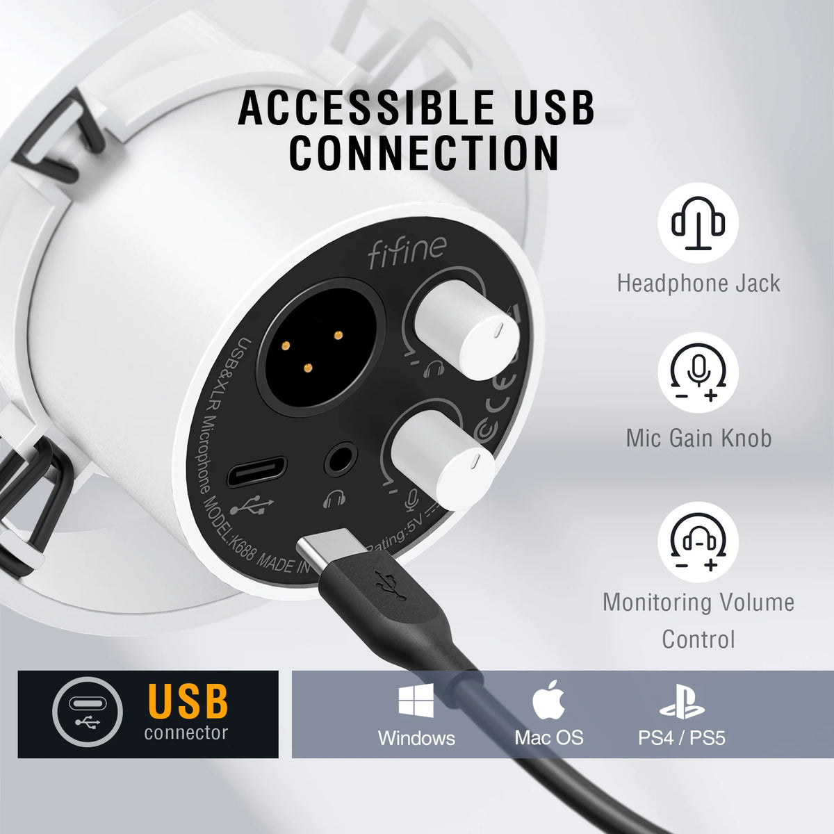 USB/XLR Dynamic Streaming Microphone with Gain Knob, Touch Mute & Headphone Jack - White
