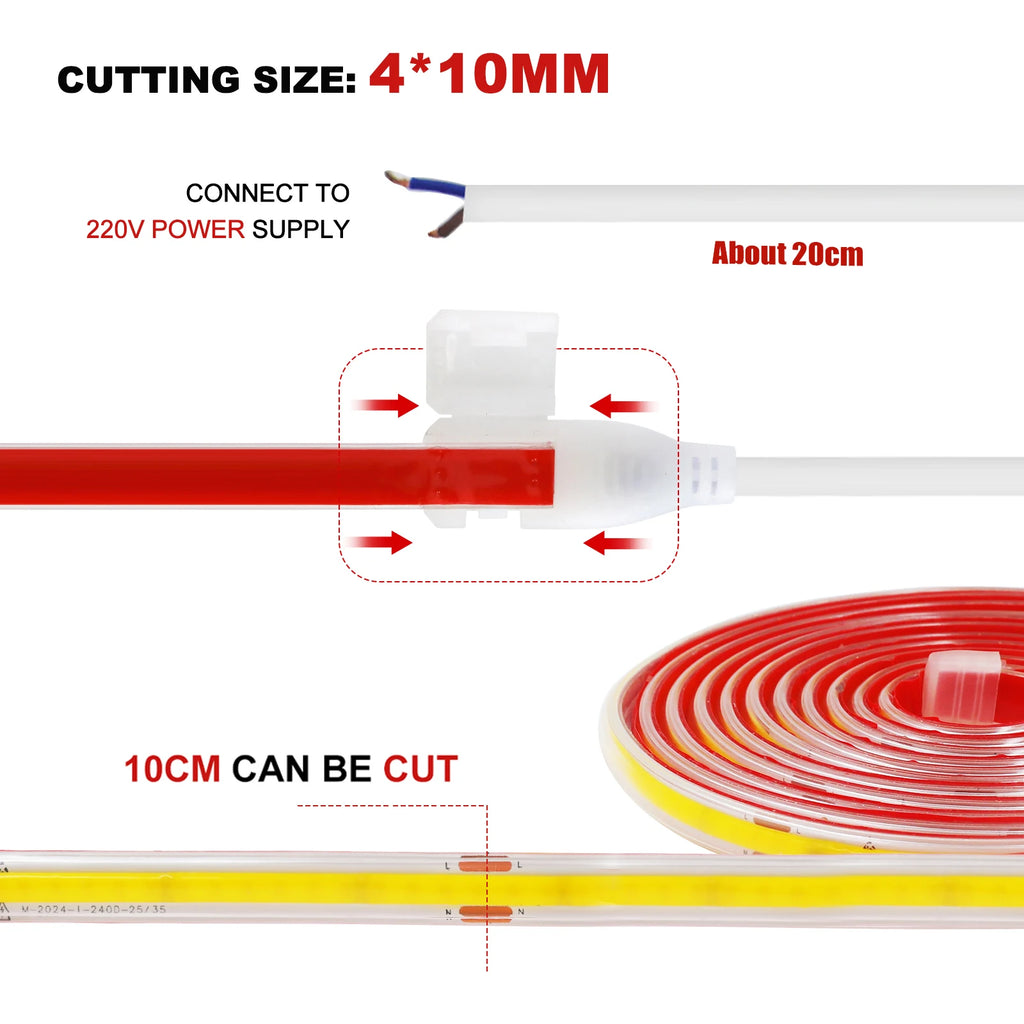 AC 220V COB LED Strip Light — 240 LEDs/m (73 LEDs/ft) IP65 Waterproof, 3000K/4000K/6000K, 10 cm (3.94 in) Cuttable Self-Adhesive Flexible Tape